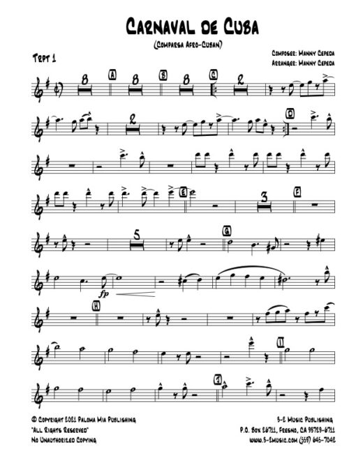 Carnaval De Cuba trumpet 1 (Download) Latin jazz printed sheet music www.3-2music.com composer and arranger Manny Cepeda big band 4-4-5 instrumentation