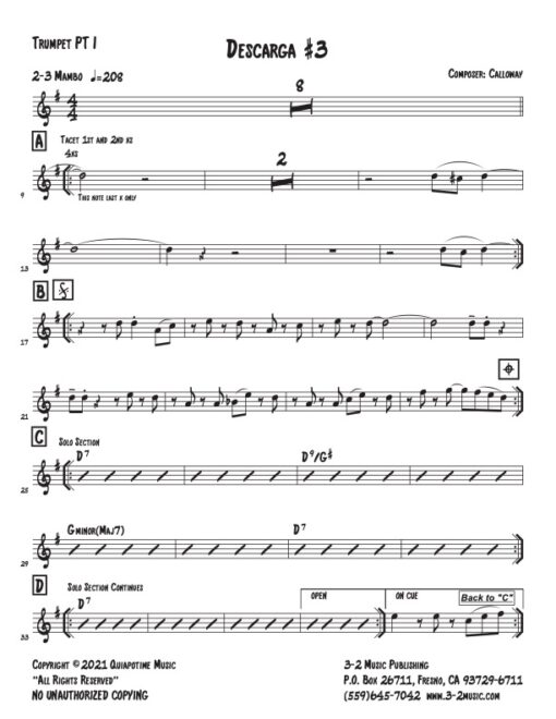 Descarga #3 trumpet 1 (Download) Latin jazz printed combo sheet music www.3-2music.com composer and arranger John Calloway combo (nonet) instrumentation