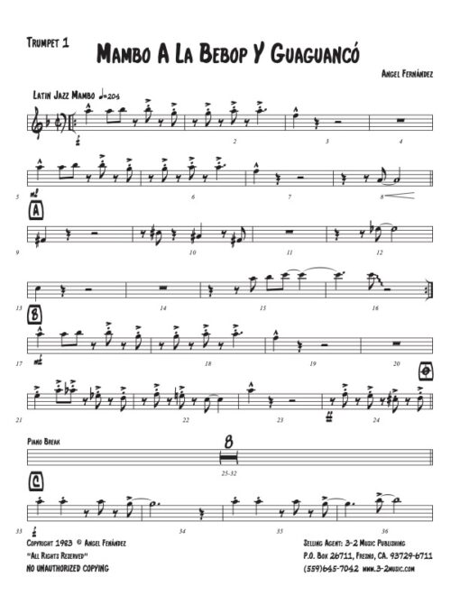 Mambo A La Bebop y Giaguancó trumpet 1 (Download) Latin jazz printed sheet music www.3-2music.com composer and arranger Angel Fernández little big band
