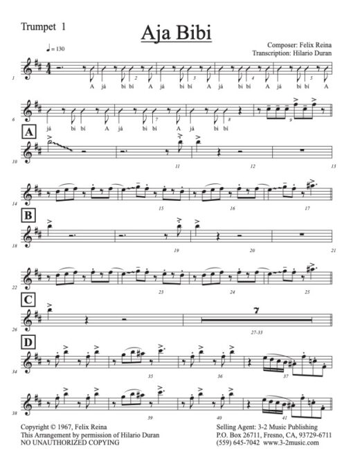 Aja Bibi trumpet 1 (Download) Latin jazz printed sheet music www.3-2music.com composer and arranger Felix Reina little big band instrumentation