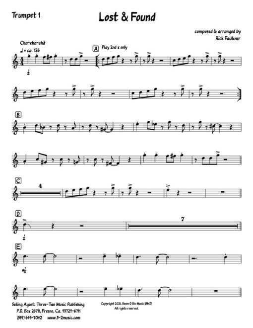 Lost and Found trumpet 1 (Download) Latin jazz printed sheet music composer and arranger Rick Faulkner big band 4-4-5 instrumentation