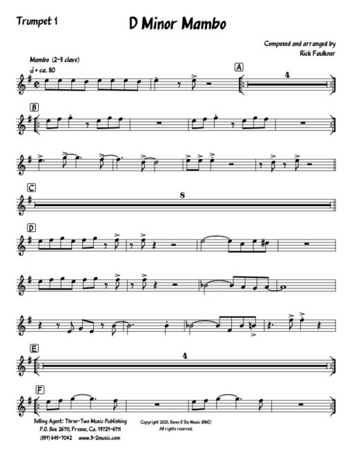 D Minor Mambo trumpet 1 (Download) Latin jazz printed sheet music composer and arranger Rick Faulkner big band 4-4-5 instrumentation