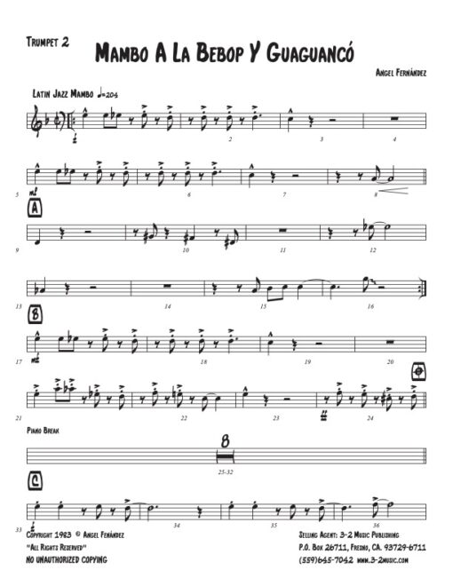 Mambo A La Bebop y Giaguancó trumpet 2 (Download) Latin jazz printed sheet music www.3-2music.com composer and arranger Angel Fernández little big band