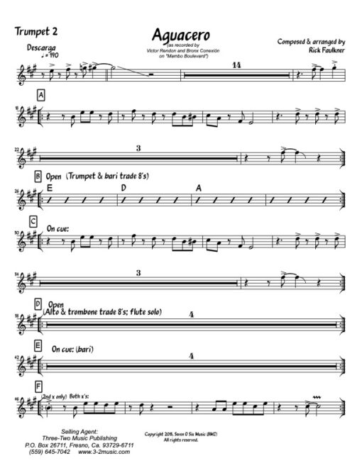 Aguacero trumpet 2 (Download) Latin jazz printed sheet music composer and arranger Rick Faulkner big band 4-4-5 instrumentation CD The Bronx Connection