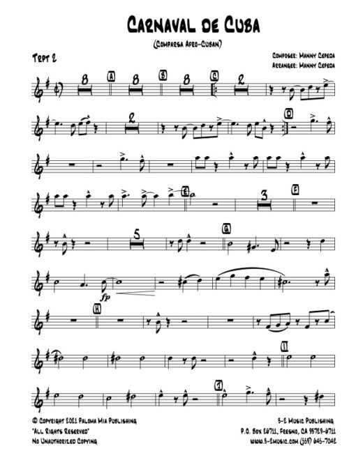 Carnaval De Cuba trumpet 2 (Download) Latin jazz printed sheet music www.3-2music.com composer and arranger Manny Cepeda big band 4-4-5 instrumentation