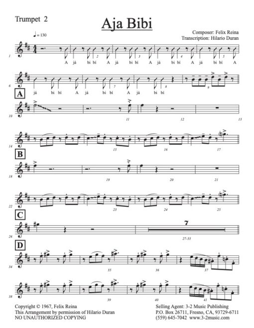 Aja Bibi trumpet 2 (Download) Latin jazz printed sheet music www.3-2music.com composer and arranger Felix Reina little big band instrumentation