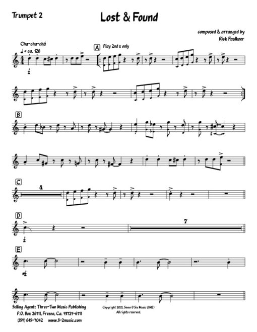 Lost and Found trumpet 2 (Download) Latin jazz printed sheet music composer and arranger Rick Faulkner big band 4-4-5 instrumentation
