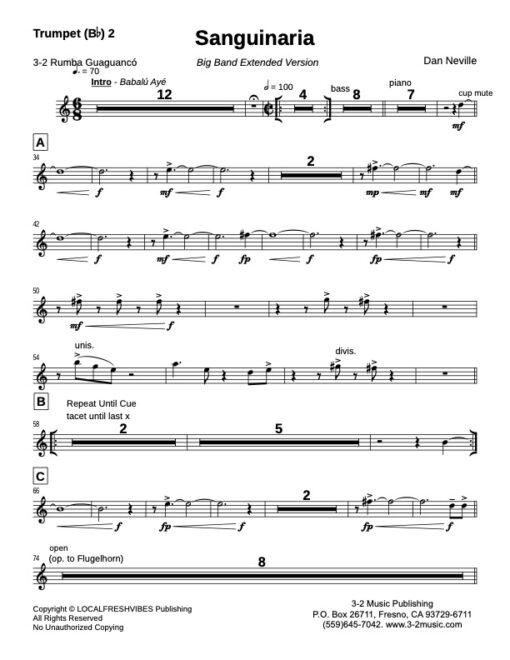 Sanguinaria (Ext) BB trumpet 2 (Download) Latin jazz printed sheet music www.3-2music.com composer and arranger Dan Neville big band 4-4-5 instrumentation