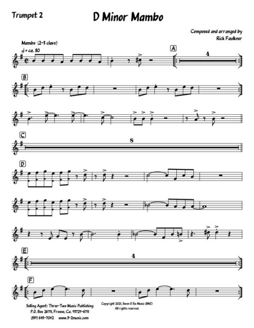 D Minor Mambo trumpet 2 (Download) Latin jazz printed sheet music composer and arranger Rick Faulkner big band 4-4-5 instrumentation