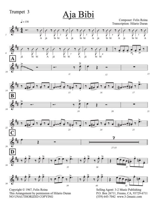 Aja Bibi trumpet 3 (Download) Latin jazz printed sheet music www.3-2music.com composer and arranger Felix Reina little big band instrumentation