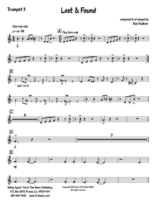 Lost and Found trumpet 3 (Download) Latin jazz printed sheet music composer and arranger Rick Faulkner big band 4-4-5 instrumentation