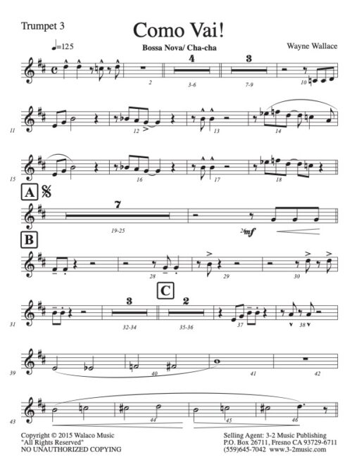 Como Vai trumpet 3 (Download) Latin jazz printed sheet music www.3-2music.com composer and arranger Wayne Wallace big band (4-4-5) instrumentation