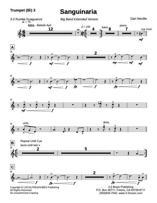 Sanguinaria (Ext) BB trumpet 3 (Download) Latin jazz printed sheet music www.3-2music.com composer and arranger Dan Neville big band 4-4-5 instrumentation