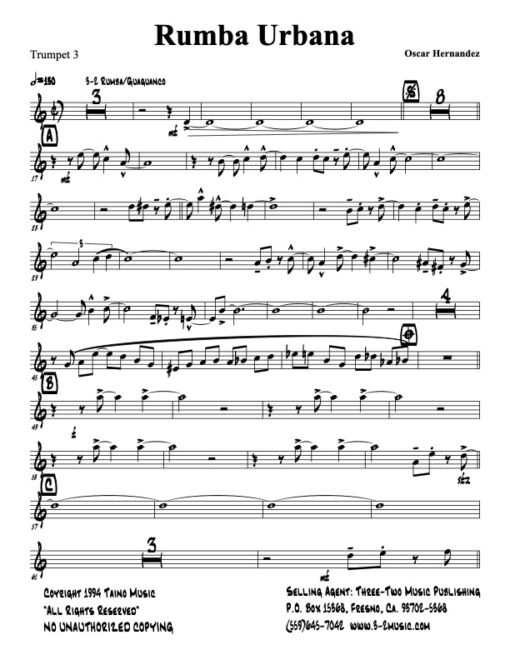 Rumba Urbana V.3 trumpet 3 (Download) Latin jazz printed sheet music www.3-2music.com composer and arranger Oscar Hernández big band 4-4-5 instrumentation