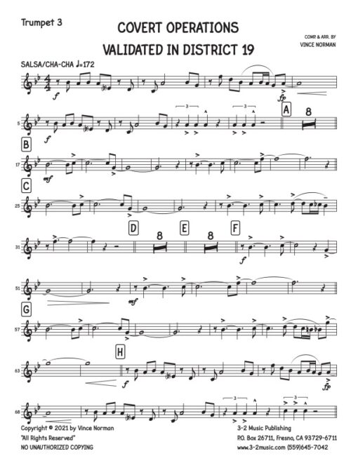 C.O.V.I.D. 19 trumpet 3 (Download) Latin jazz printed sheet music composer and arranger Vince Norman big band 4-4-5 instrumentation