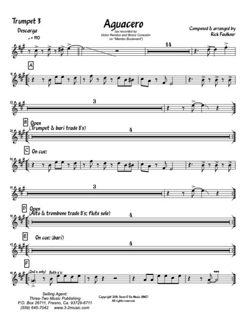 Aguacero trumpet 3 (Download) Latin jazz printed sheet music composer and arranger Rick Faulkner big band 4-4-5 instrumentation CD The Bronx Connection