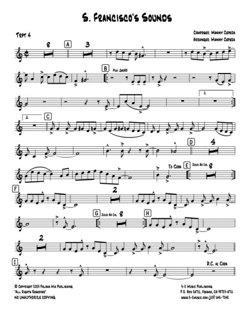S. Francisco's Sounds trumpet 4 (Download) Latin jazz printed sheet music www.3-2music.com composer and arranger Manny Cepeda big band 4-4-5