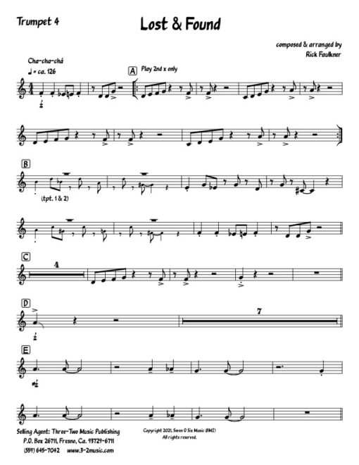Lost and Found trumpet 4 (Download) Latin jazz printed sheet music composer and arranger Rick Faulkner big band 4-4-5 instrumentation