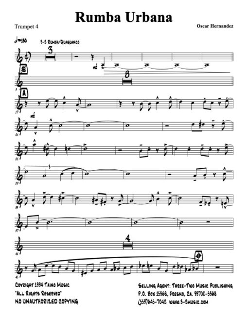 Rumba Urbana V.3 trumpet 4 (Download) Latin jazz printed sheet music www.3-2music.com composer and arranger Oscar Hernández big band 4-4-5 instrumentation