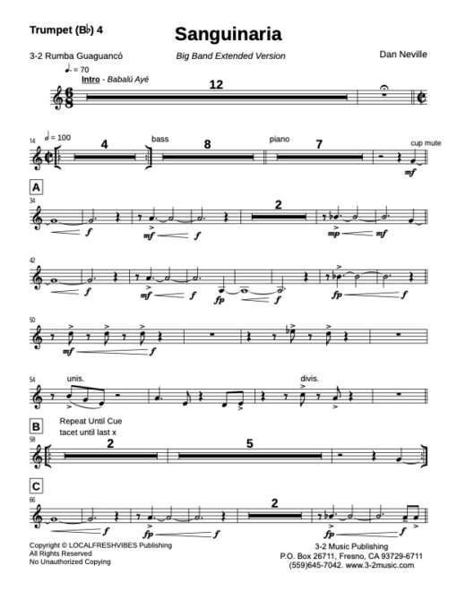 Sanguinaria (Ext) BB trumpet 4 (Download) Latin jazz printed sheet music www.3-2music.com composer and arranger Dan Neville big band 4-4-5 instrumentation