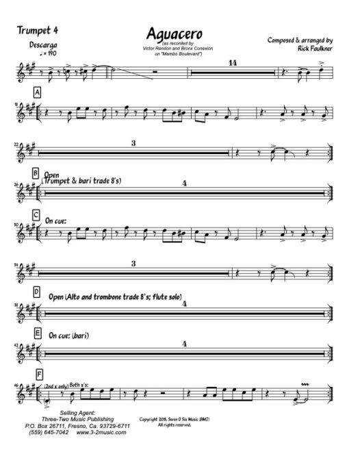 Aguacero trumpet 4 (Download) Latin jazz printed sheet music composer and arranger Rick Faulkner big band 4-4-5 instrumentation CD The Bronx Connection