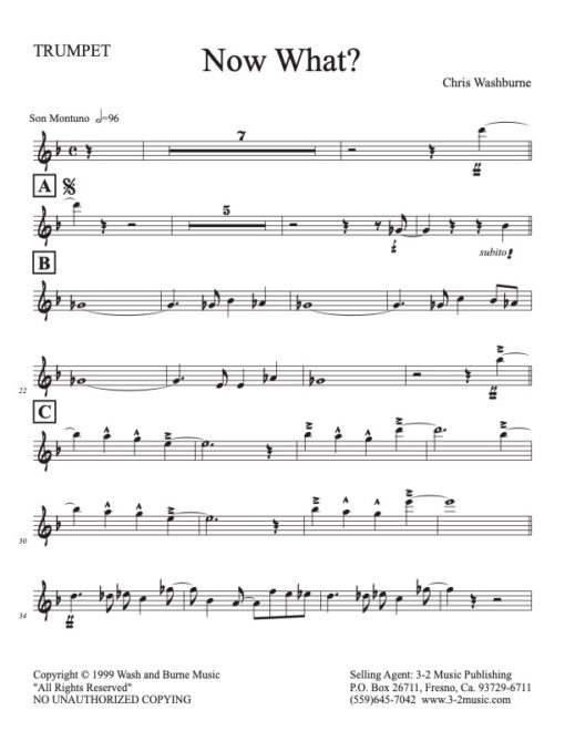Now What? trumpet (Download) Latin jazz sheet music www.3-2music.com composer and arranger Chris Washburne combo (septet) instrumentation