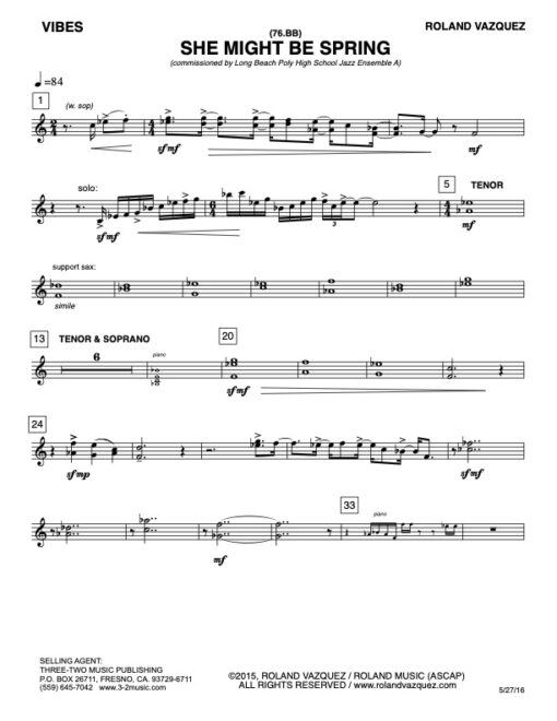 She Might Be Spring vibraphone (Download) Latin jazz printed sheet music www.3-2music.com composer Roland Vazquez big band 4-4-5 instrumentation