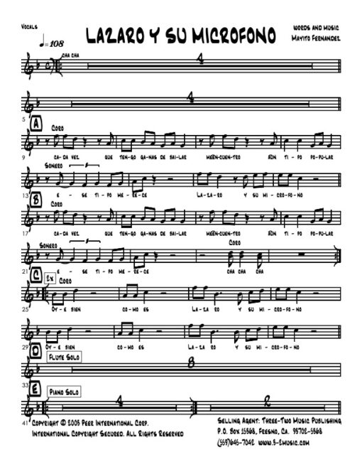 Lazaro y Su Microfono vocals (Download) Latin jazz printed sheet music www.3-2music.com composer and arranger Eddie Palmieri combo (decet) instrumentation