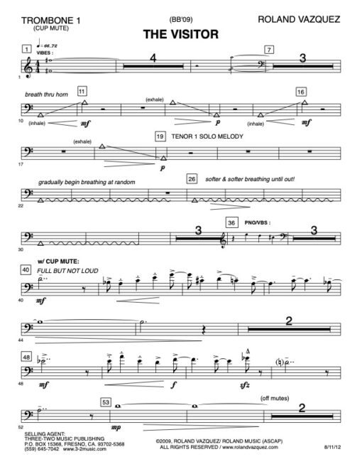 The Visitor trombone 1 (Download) Latin jazz printed sheet music www.3-2music.com composer and arranger Roland Vazquez big band 4-4-5 instrumentation