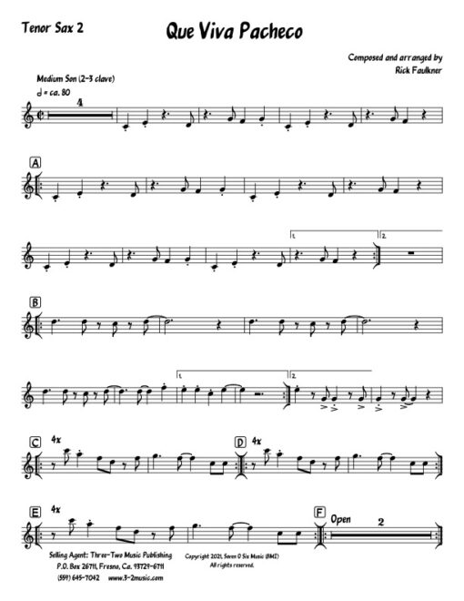 Que Viva Pacheco tenor 2 (Download) Latin jazz printed sheet music composer and arranger Rick Faulkner big band 4-4-5 instrumentation