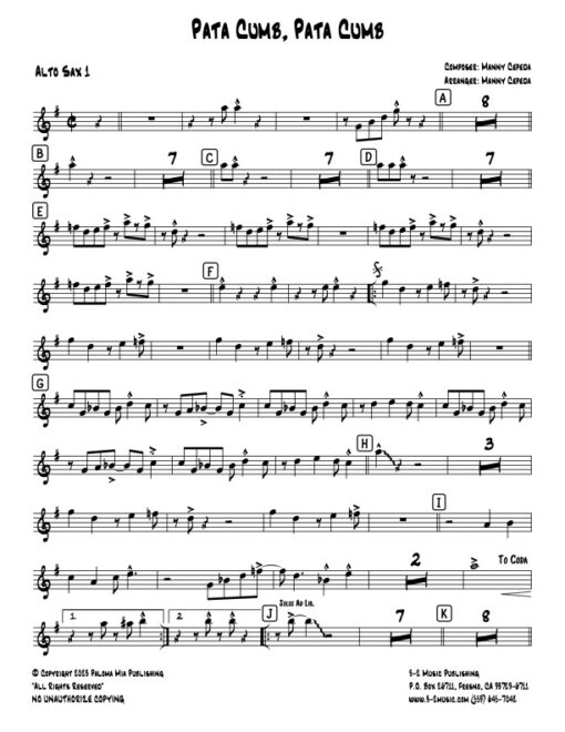 Pata Cumb Pata Cumb alto 1 (Download) Latin jazz printed sheet music www.3-2 music.com composer and arranger Bobby Rodriguez big band 4-4-5 instrumentation
