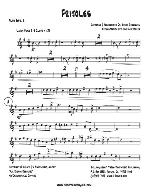 Frijoles alto 2 (Download) Latin jazz printed sheet music www.3-2 music.com composer and arranger Bobby Rodriguez big band 4-4-5 instrumentation