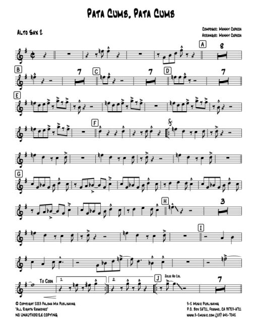 Pata Cumb Pata Cumb alto 2 (Download) Latin jazz printed sheet music www.3-2 music.com composer and arranger Bobby Rodriguez big band 4-4-5 instrumentation