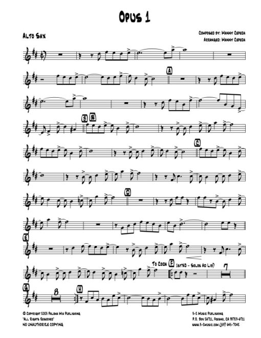 Opus 1 alto (Download) Latin jazz printed sheet music www.3-2music.com composer and arranger Manny Cepeda little big band instrumentation