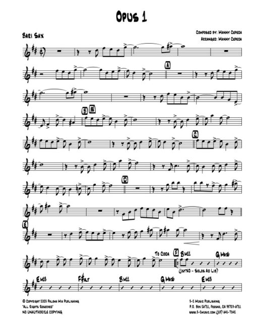 Opus 1 baritone (Download) Latin jazz printed sheet music www.3-2music.com composer and arranger Manny Cepeda little big band instrumentation
