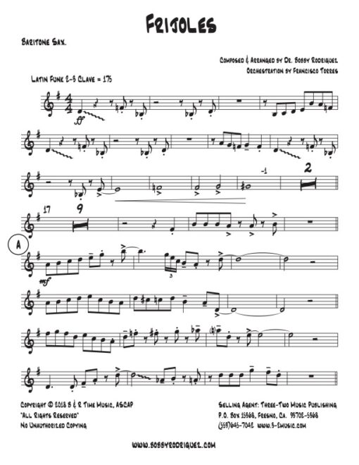 Frijoles baritone (Download) Latin jazz printed sheet music www.3-2 music.com composer and arranger Bobby Rodriguez big band 4-4-5 instrumentation