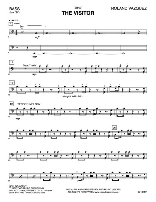 The Visitor bass (Download) Latin jazz printed sheet music www.3-2music.com composer and arranger Roland Vazquez big band 4-4-5 instrumentation
