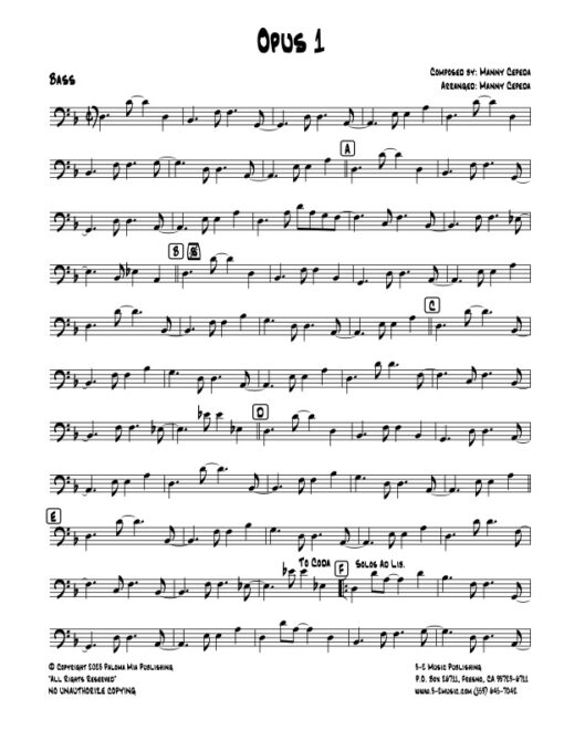 Opus 1 bass (Download) Latin jazz printed sheet music www.3-2music.com composer and arranger Manny Cepeda little big band instrumentation