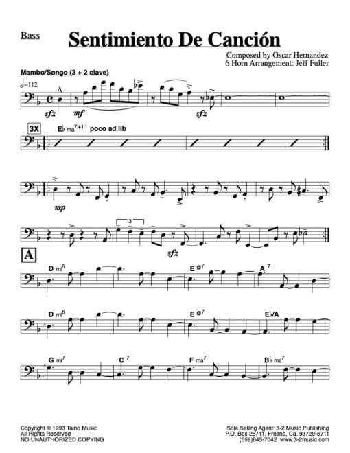 Sentimiento de Canción V.1 bass (Download) Latin jazz printed sheet music www.3-2music.com composer and arranger Oscar Hernández little big band