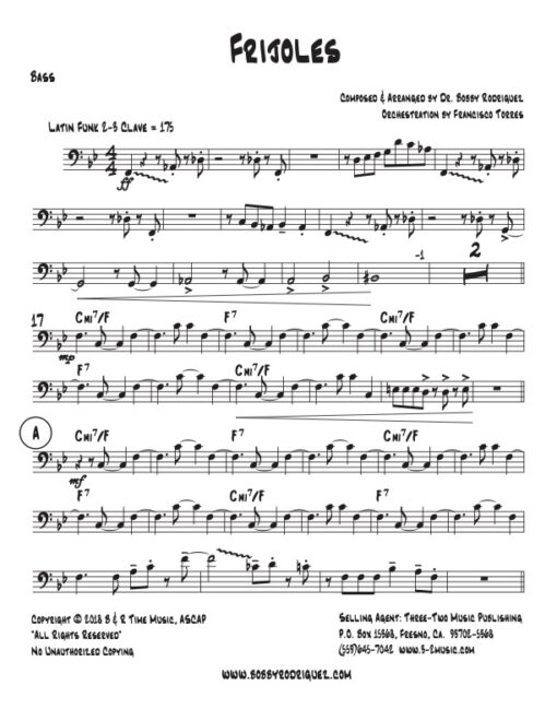 Frijoles bass (Download) Latin jazz printed sheet music www.3-2 music.com composer and arranger Bobby Rodriguez big band 4-4-5 instrumentation
