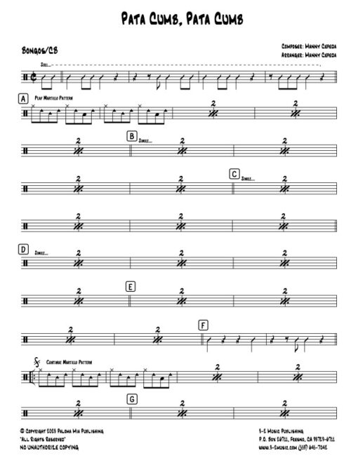 Pata Cumb Pata Cumb bongos (Download) Latin jazz printed sheet music www.3-2 music.com composer and arranger Bobby Rodriguez big band 4-4-5 instrumentation