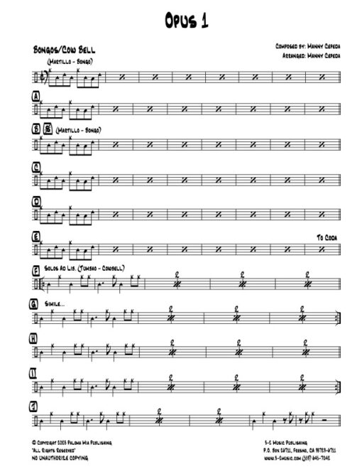 Opus 1 bongos (Download) Latin jazz printed sheet music www.3-2music.com composer and arranger Manny Cepeda little big band instrumentation