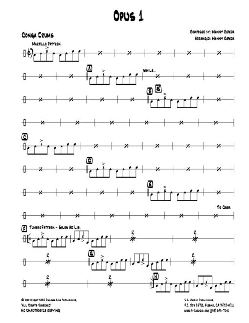 Opus 1 congas (Download) Latin jazz printed sheet music www.3-2music.com composer and arranger Manny Cepeda little big band instrumentation