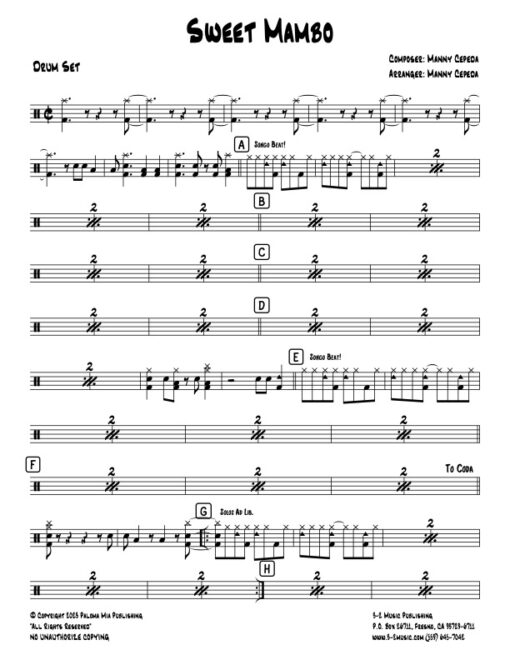 Sweet Mambo drums (Download) Latin jazz big band sheet music www.3-2music.com composer and arranger Manny Cepeda big band 4-4-5 instrumentation