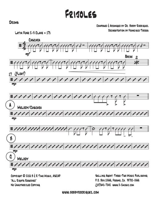 Frijoles drums (Download) Latin jazz printed sheet music www.3-2 music.com composer and arranger Bobby Rodriguez big band 4-4-5 instrumentation