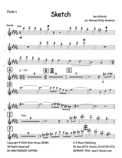 Sketch flute 1 (Download) Latin jazz printed sheet music www.3-2music.com composer and arranger Joe Gallardo big band 4-4-5 instrumentation