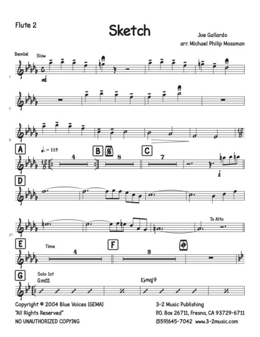 Sketch flute 2 (Download) Latin jazz printed sheet music www.3-2music.com composer and arranger Joe Gallardo big band 4-4-5 instrumentation