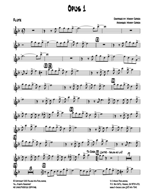 Opus 1 flute (Download) Latin jazz printed sheet music www.3-2music.com composer and arranger Manny Cepeda little big band instrumentation