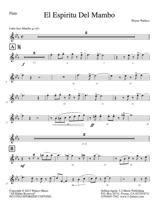 El Espiritu Del Mambo flute (Download) Latin jazz printed sheet music www.3-2music.com composer and arranger Wayne Wallace big band 4-4-5 instrumentation