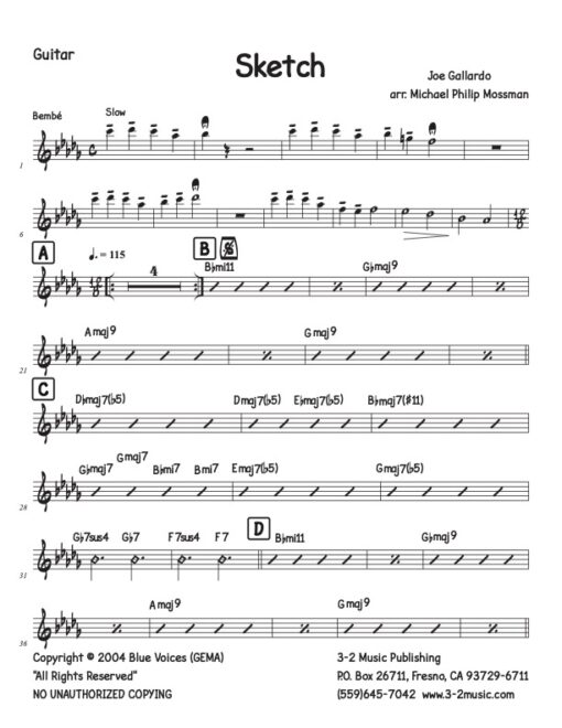 Sketch guitar (Download) Latin jazz printed sheet music www.3-2music.com composer and arranger Joe Gallardo big band 4-4-5 instrumentation